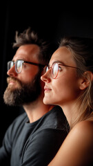 Couple sitting quietly together on a couch in a dimly lit room during evening hours