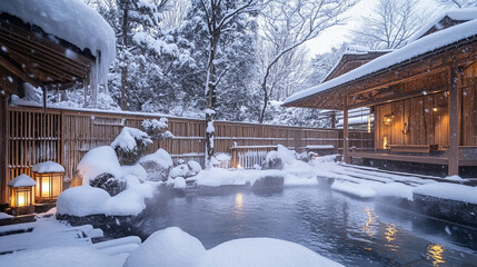 雪降る冬の温泉
