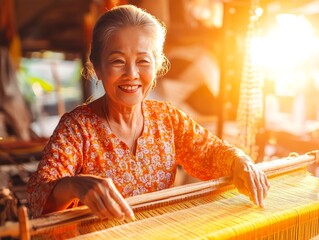 Smiling Weaver at Sunset: An elderly Asian woman beams with pride and contentment as she works at her traditional loom, bathed in the warm golden light of the setting sun.