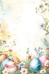 Watercolor painting of a flowery border with a few eggs in the center.