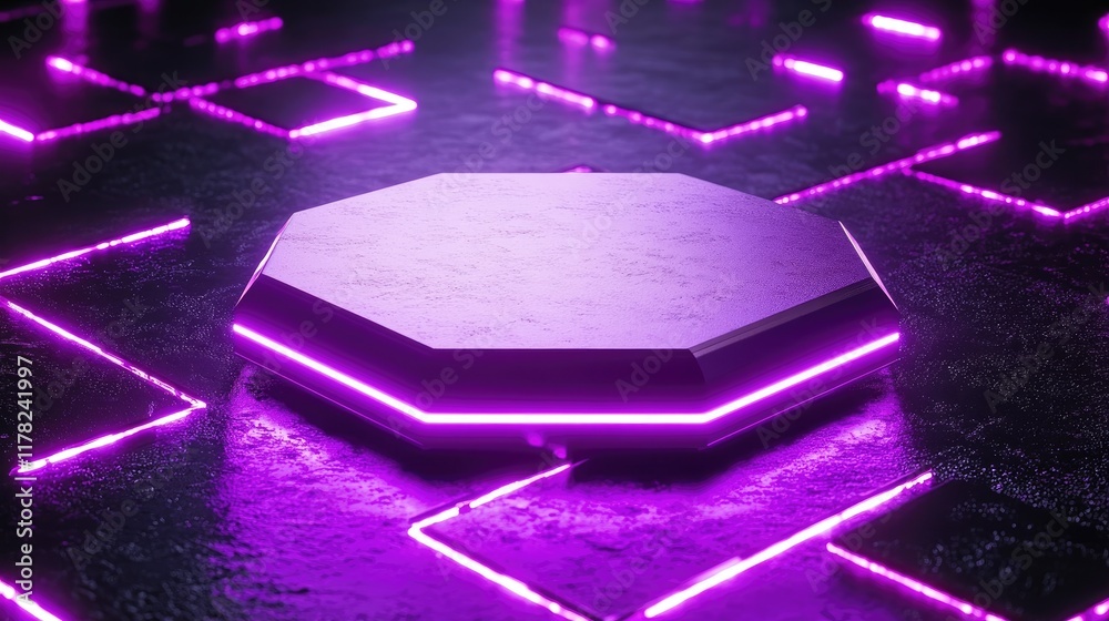 Poster a glowing hexagon platform with purple neon lights surrounding it, evoking a high-tech, futuristic e