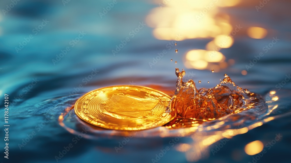 Poster a gold coin melting into a pool of liquid gold on a soft blue backdrop, representing changing financ