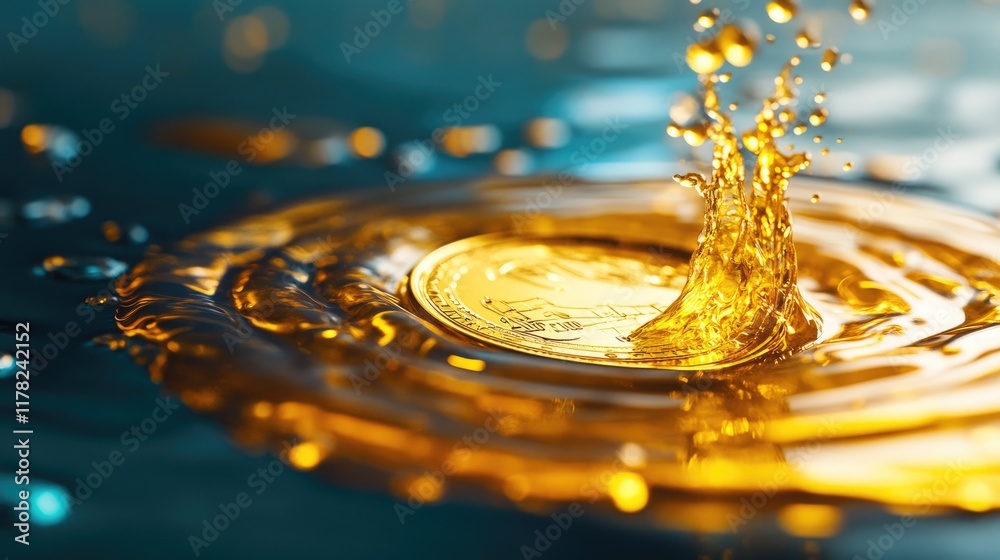 Poster a gold coin melting into a pool of liquid gold on a soft blue backdrop, representing changing financ