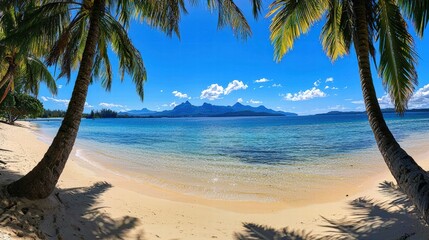 Obraz premium A breathtaking beach scene with palm trees framing the view of crystal-clear waters and a bright blue sky