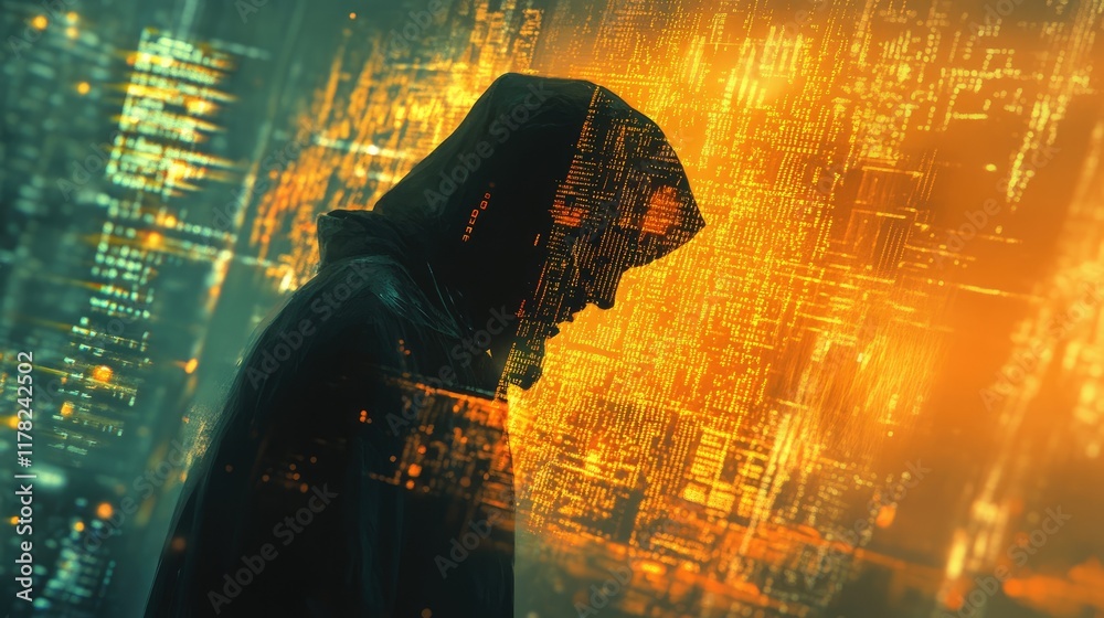 Poster A hacker in a hoodie, bathed in the glow of a computer screen displaying complex digital code, evoking an atmosphere of suspense and cybersecurity expertise