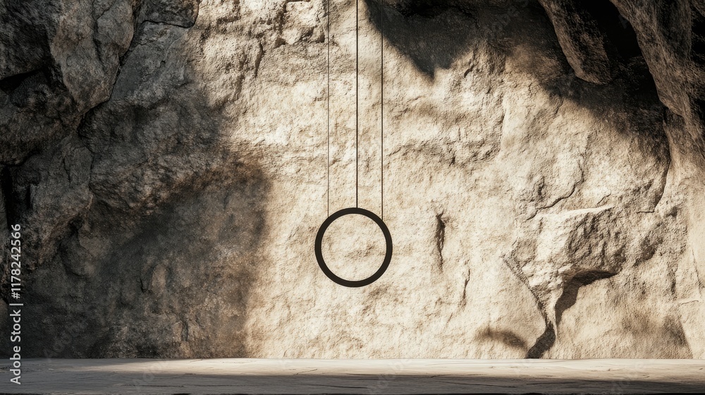 Poster a hanging circle suspended in a minimalist design, set against a rugged stone background, creating a