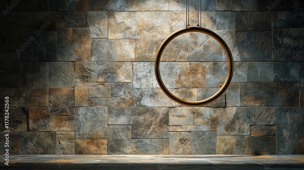 Aufkleber a hanging circle suspended in a minimalist design, set against a rugged stone background, creating a