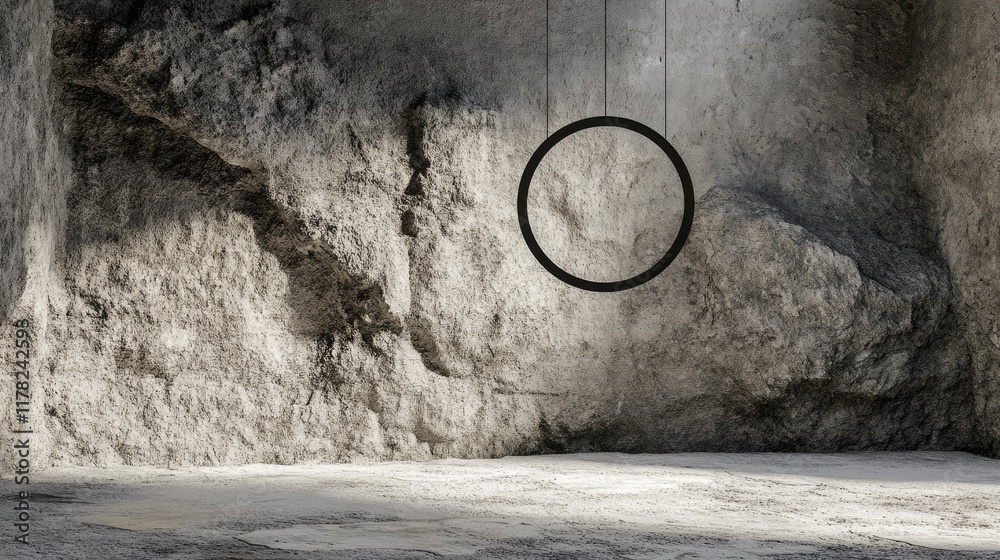 Poster A hanging circle suspended in a minimalist design, set against a rugged stone background, creating a harmonious balance of simplicity and texture