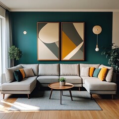 Modern minimalist living room, white curved sofa, teal green wall, abstract geometric artwork, potted plants, warm lighting, contemporary interior design, textured throw pillows, wooden floor, cozy at