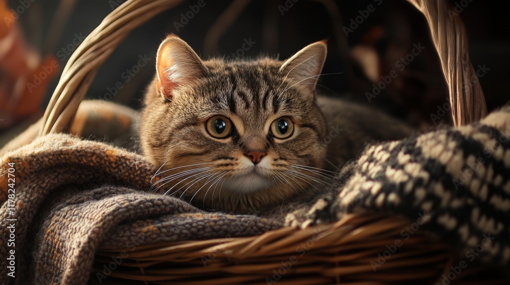 Poster a chubby cat nestled in a wicker basket, surrounded by cozy blankets, creating a charming and homey 