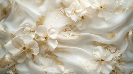 A lavish floral background with golden accents, complemented by soft, flowing fabric, evoking a sense of elegance and graceful beauty