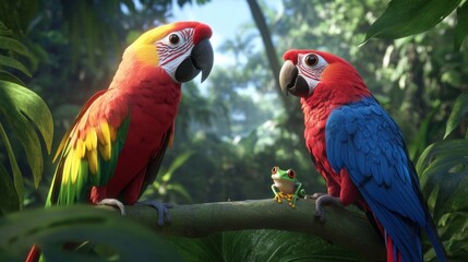Fototapeta premium Two colorful parrots and a frog in a lush jungle setting.