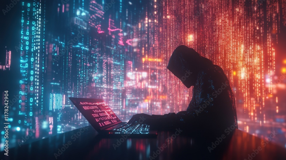 Aufkleber A lone hooded figure typing on a keyboard, with the backdrop filled with digital binary code, representing the world of hacking and data manipulation