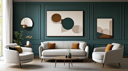 Modern minimalist living room, white curved sofa, teal green wall, abstract geometric artwork, potted plants, warm lighting, contemporary interior design, textured throw pillows, wooden floor, cozy at