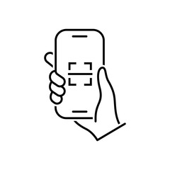 Scanning code process in line style icon. Hand holding Mobile phone PNG symbol. QR code scanning in smartphone screen signs vector illustration for apps and website