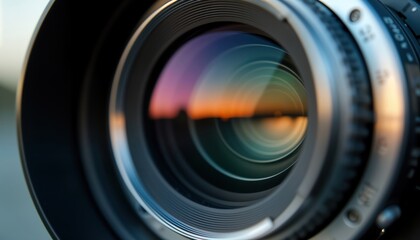 Close-up view of professional movie-level video camera zoom lens. Lens elements show high-quality tech for capturing high-definition footage in film production. Smooth focus adjustment noticeable.