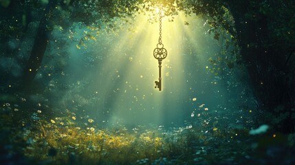 A magical key suspended in the air over a peaceful, mystical forest clearing, glowing with a soft, enchanting light, suggesting an invitation to discover hidden wonders