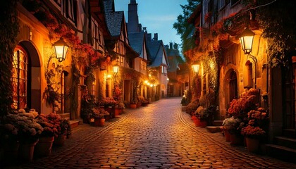 Fototapeta premium cobblestone street lit by warm lanterns in a quiet 