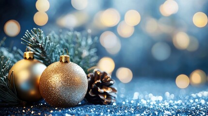 A mesmerizing display of warm bokeh lights on a blue background, adding a touch of magic and festive cheer to the composition