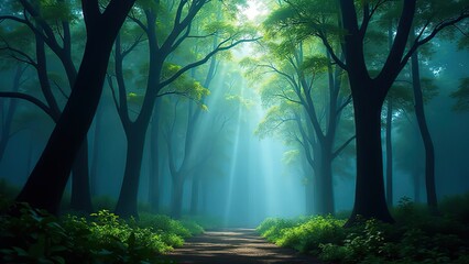 Naklejka premium Dark Mysterious Forest Background with Ethereal Fog Ideal for Fantasy and Horror Projects
