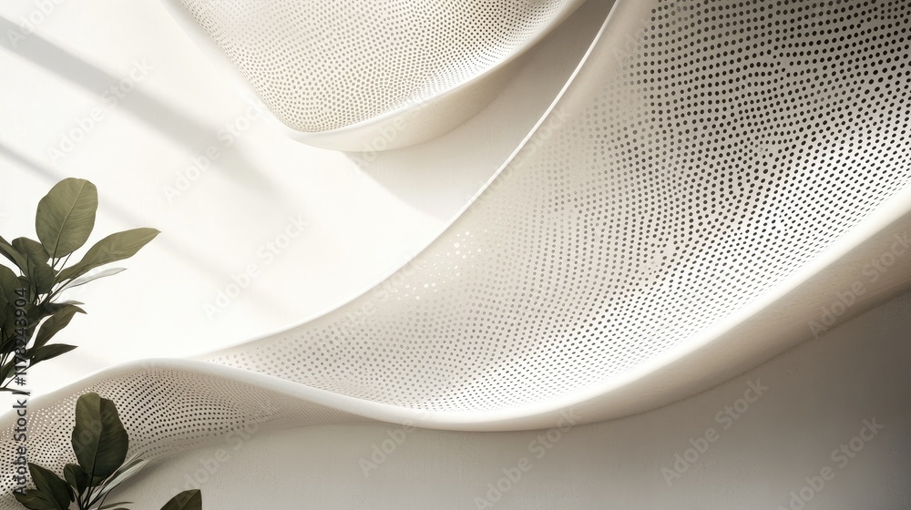 Poster a minimalist composition featuring a graceful, perforated curved design on a simple, neutral backgro