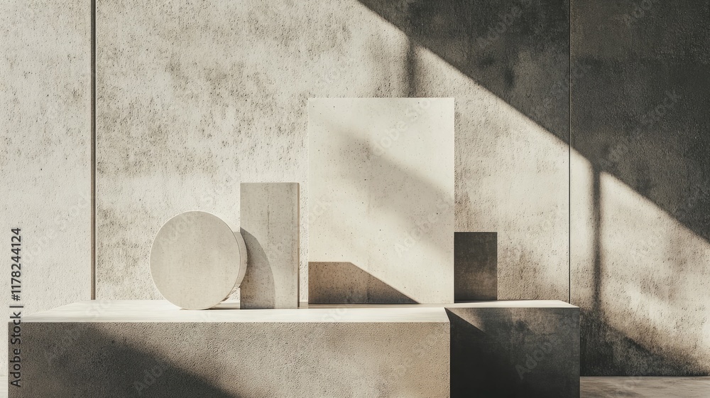 Poster A minimalist geometric arrangement of shapes on a concrete surface, with dramatic shadows cast across the textured background, emphasizing simplicity and form