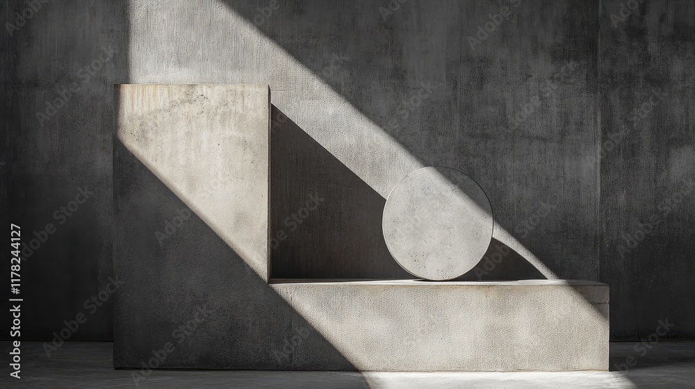 Poster A minimalist geometric arrangement of shapes on a concrete surface, with dramatic shadows cast across the textured background, emphasizing simplicity and form
