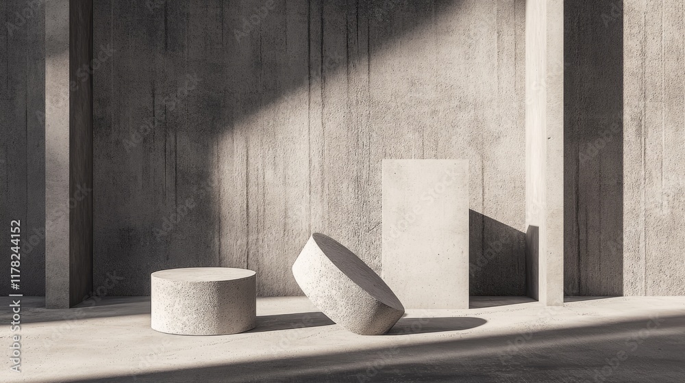 Aufkleber A minimalist geometric arrangement of shapes on a concrete surface, with dramatic shadows cast across the textured background, emphasizing simplicity and form