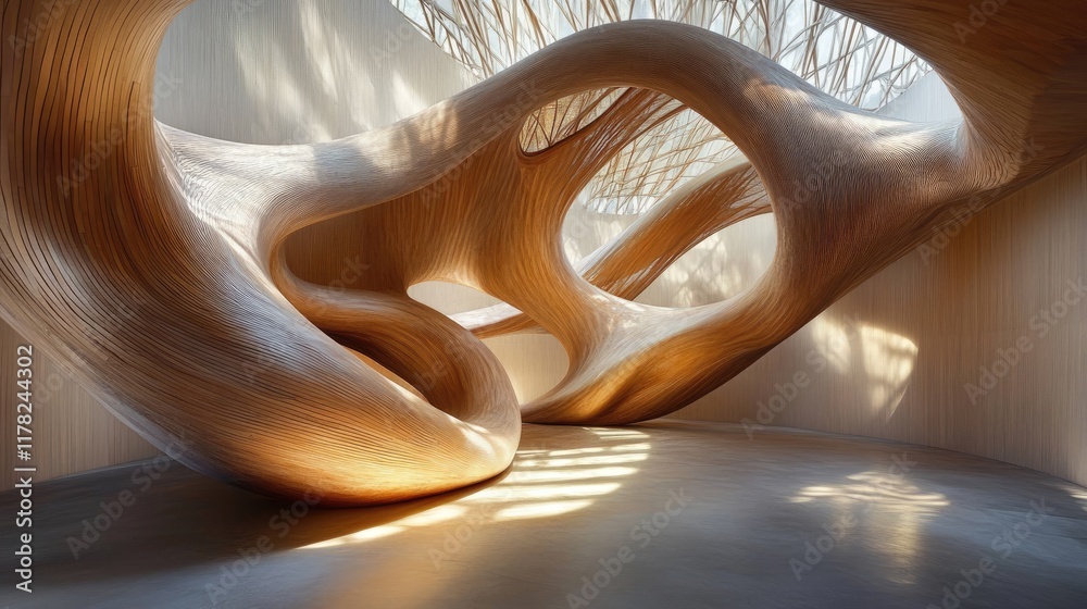 Poster a modern interior featuring sculptural waves, with sunlight streaming through windows and casting dy