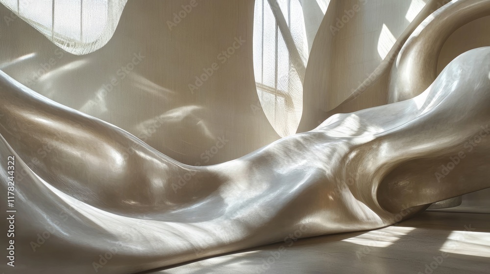 Poster a modern interior featuring sculptural waves, with sunlight streaming through windows and casting dy