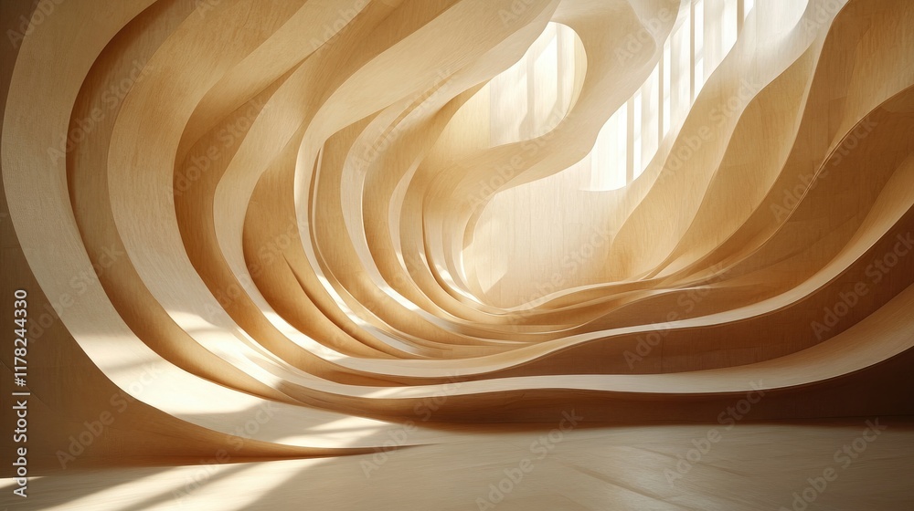 Poster a modern interior featuring sculptural waves, with sunlight streaming through windows and casting dy