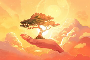 Enchanting sunrise with bonsai tree