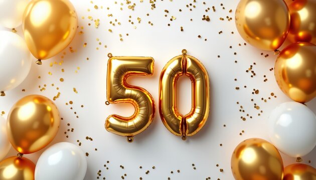 Golden balloons, confetti decorate white background for 50th birthday party golden wedding anniversary. Large gold balloons shaped as number 50 sit prominently. White balloons add contrast. Party