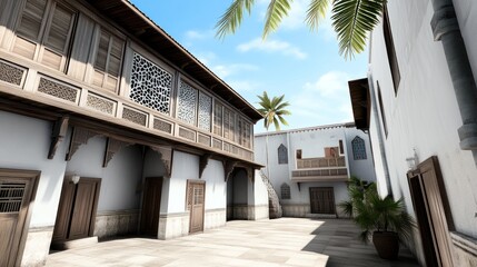 Fototapeta premium A serene courtyard with traditional architecture and palm trees.
