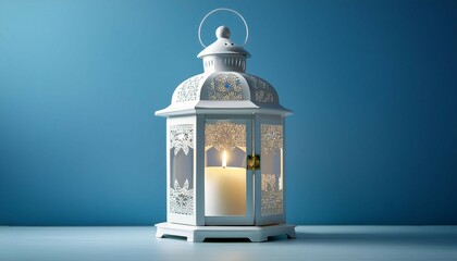 elegant white lantern illuminating a light blue background a beautifully crafted white intricately designed lantern casting a warm glow from a candle stands against a soft