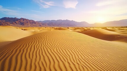 Serene Desert Landscape with Dune Patterns and Rising Sun Illuminating the Horizon in a Tranquil Scene