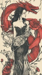 Woman in Black Dress with Red Dragon and Roses