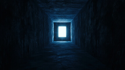 Obraz premium Long Narrow Tunnel Leading to a Bright Glowing Exit in a Dark Environment