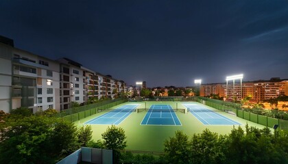 modern tennis court surrounded by residential buildings and greenery
