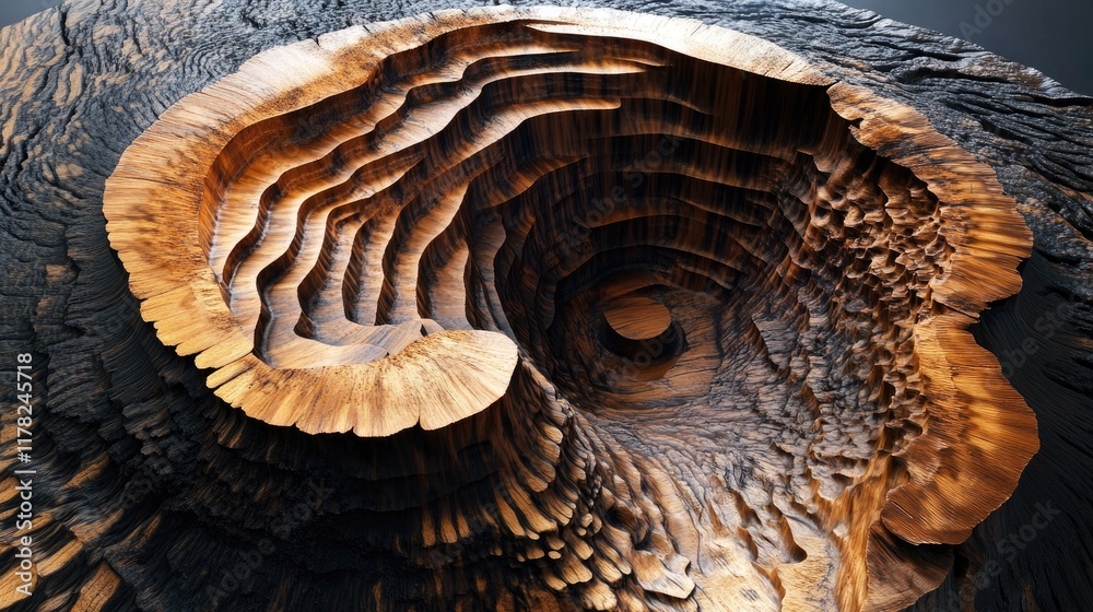 Poster A richly textured wooden tree ring, displaying mesmerizing natural patterns and growth lines, forming an abstract composition full of depth and complexity