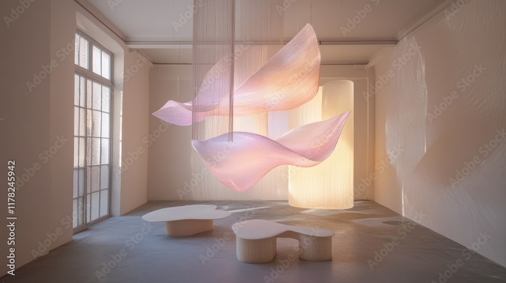 Poster A sculptural lighting installation in soft pastel shades, casting a delicate light across a contemporary room, creating an artistic and calming atmosphere