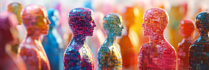 A multilingual conversation between abstract human figures, with colorful speech bubbles filled with words in various languages.  