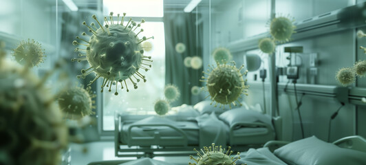 3d virus particles floating in empty hospital room