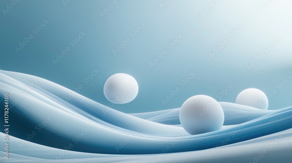 Poster A serene abstract design featuring floating white spheres against a calming fluid blue backdrop, creating a peaceful and modern composition