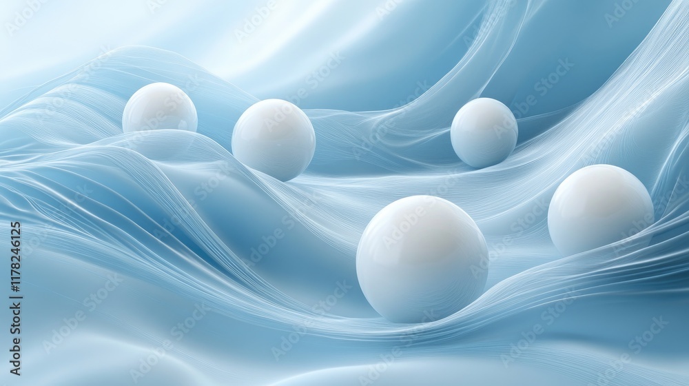 Poster a serene and calming abstract composition with white spheres gently arranged on a flowing blue backd