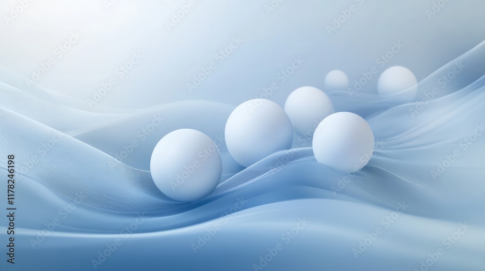 Poster a serene and calming abstract composition with white spheres gently arranged on a flowing blue backd