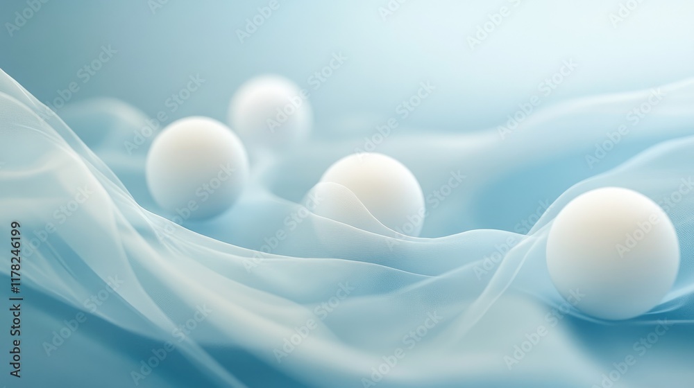 Poster a serene and calming abstract composition with white spheres gently arranged on a flowing blue backd