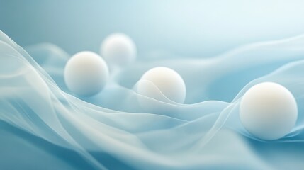 A serene and calming abstract composition with white spheres gently arranged on a flowing blue backdrop, evoking peaceful elegance
