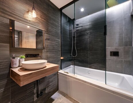 contemporary bathroom with nighttime lighting featuring shower bathtub mirror and washstand