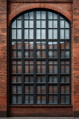 Obraz premium Large industrial window design with black frame and red brick wall in an urban setting during daylight hours highlighting architectural details